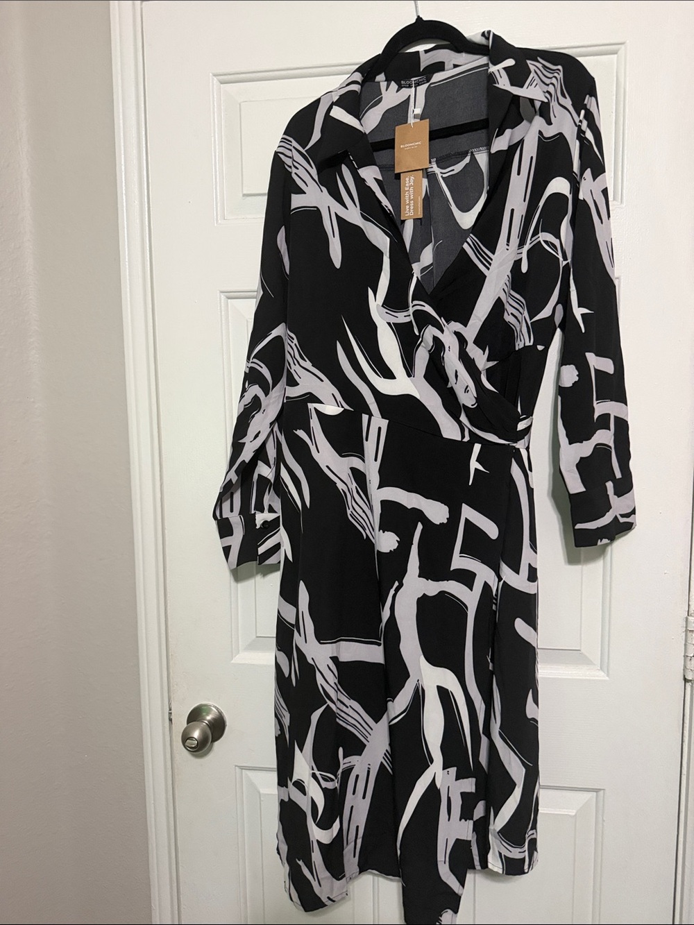 BloomChic Black & White Abstract Wrap-Style Midi Dress